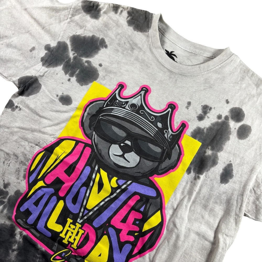 90s Vibes Hustle All Day Graphic T-Shirt Mens‎ XL Grey Black Tie Dye Bear Crown